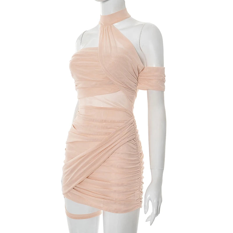 CUTENOVA Women'S Solid Color Mesh Patchwork Hanging Neck Backless Strapless Asymmetric Shrinking Pleated Package Hip Short Dress