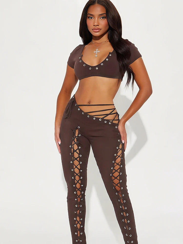 Weird Puss Sexy 2piece Set Women Hipster Halter Camisole+Shirring Hollow Pants Midnight Matching Stretch Clubwear Skinny Outfits