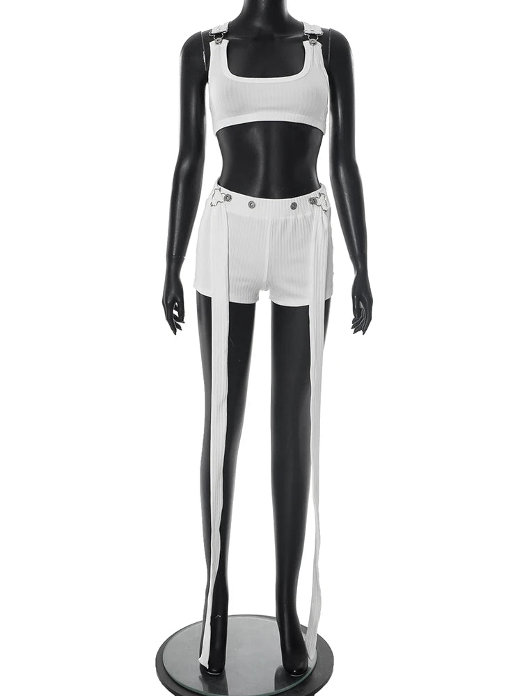 Weird Puss Metal Buckle Decoration 2 Piece Set Women Square Collar Tank Tops+Long Ribbon Shorts Hottie High Street Style Outfits