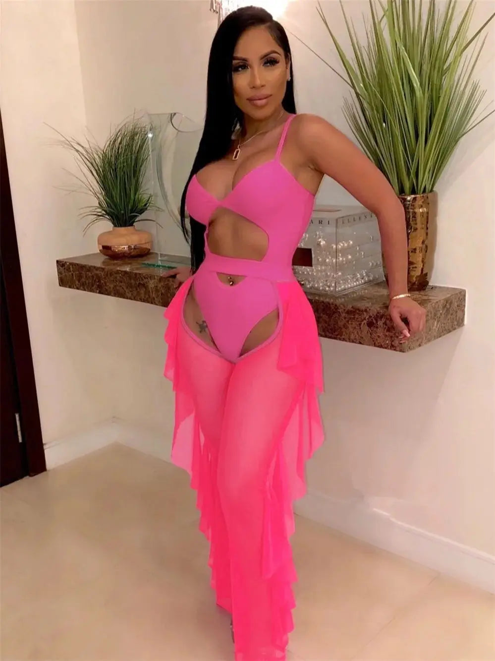 Weird Puss Summer 2 Piece Set Women Sexy Hollow See Through Bodysuit Top+Ruffles Pants Vacation Beach Matching Clubwear Outfits