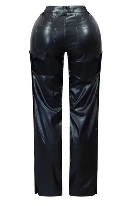 FAGADOER Leather Straight Pants For Women Y2k Streetwear Black Hollow Out Buttons Patchwork Pants Female Bottoms 2025 Spring New
