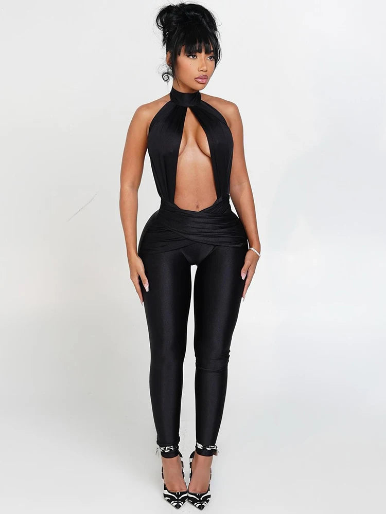 Weird Puss Halter Backless Jumpsuit Woman Sexy Hollow Fit Patchwork Waist Ruched Midnight Activity Workout Streetwear Overalls