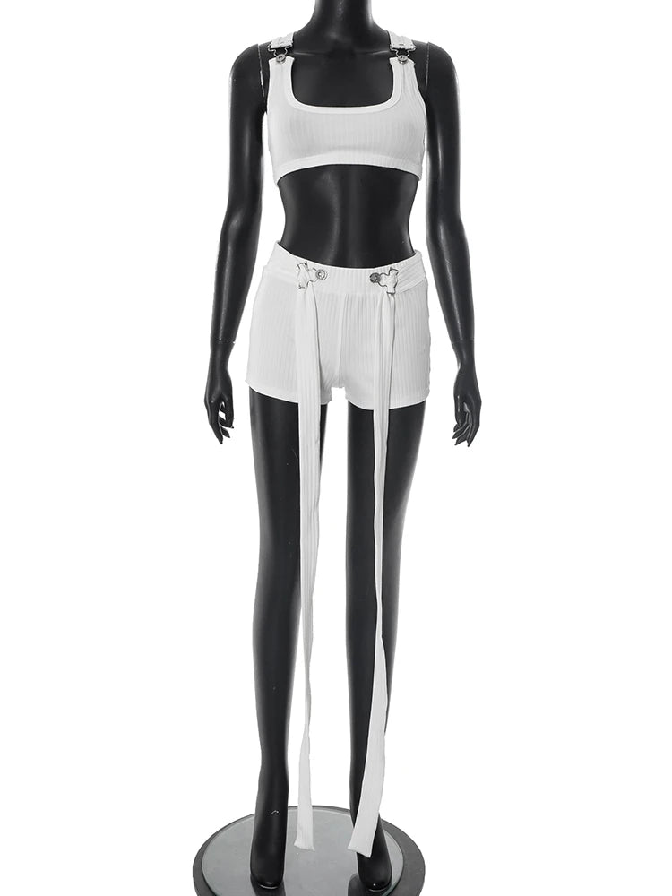 Weird Puss Metal Buckle Decoration 2 Piece Set Women Square Collar Tank Tops+Long Ribbon Shorts Hottie High Street Style Outfits