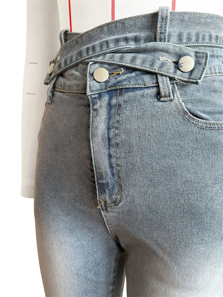 Weird Puss Distressed Irregular Jeans Women Button Zipper Waist Multiple Pockets Autumn Trend Skinny Stretch Streetwear Bottoms