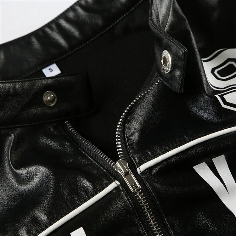 Weird Puss PU Patchwork Women Jacket Letter Print Hipster Button Zip Full Sleeve Trend Cool Street  Spring Outwear Crop Coat