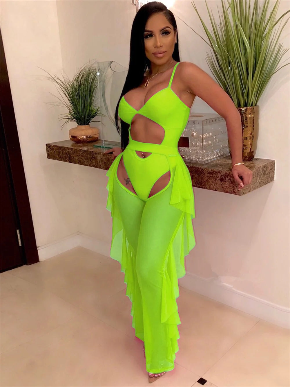 Weird Puss Summer 2 Piece Set Women Sexy Hollow See Through Bodysuit Top+Ruffles Pants Vacation Beach Matching Clubwear Outfits