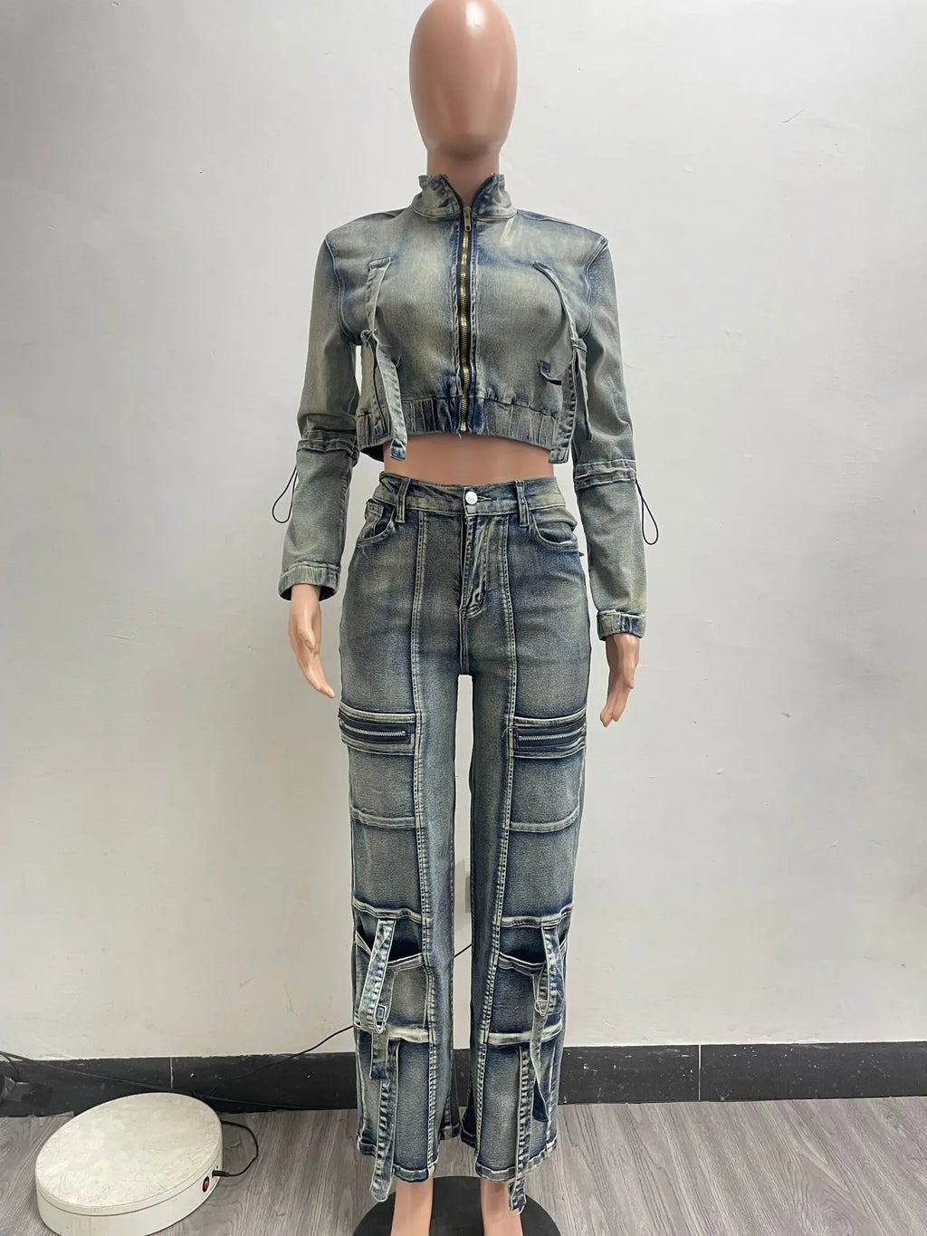 Denim Cropped Jackets 2 Piece Pant Set Sexy Outfits Y2K Streetwear 2024 Women Fall Winter Clothes Denim Jean Pant Two Piece Sets