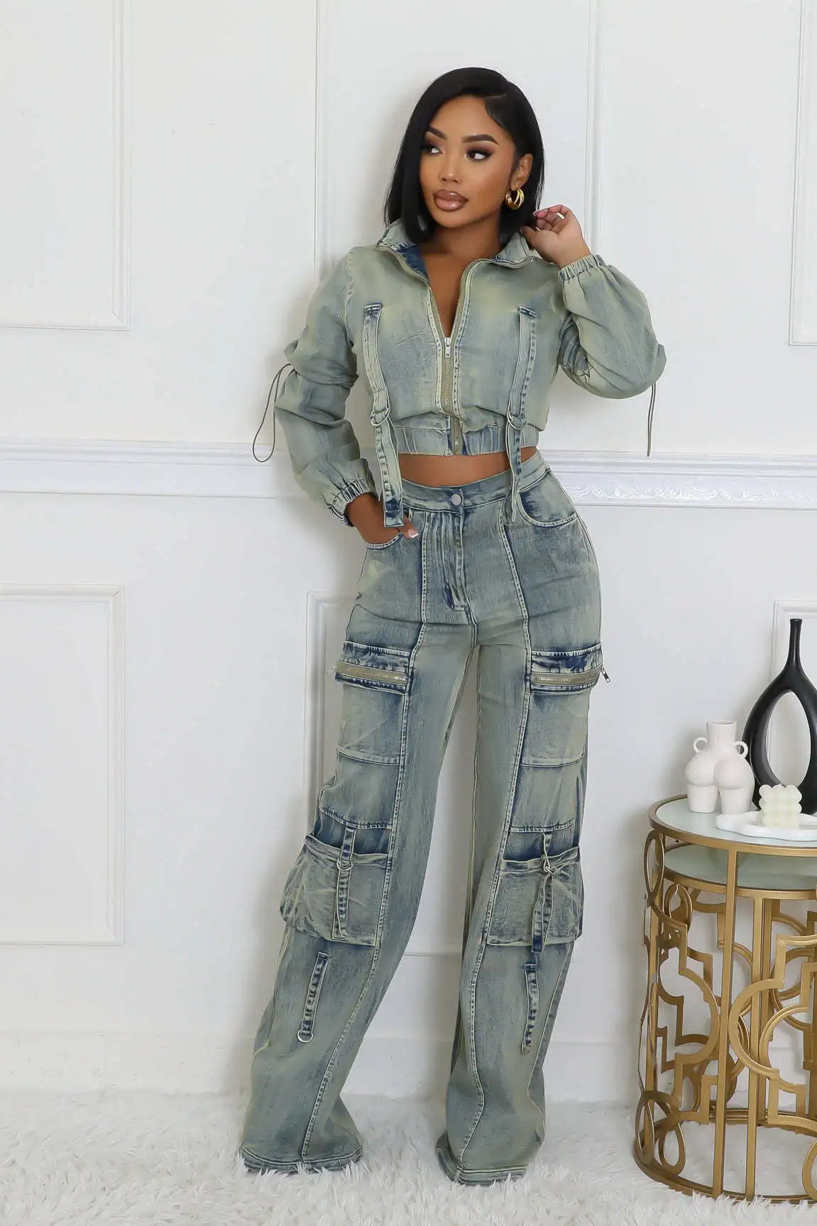 Denim Cropped Jackets 2 Piece Pant Set Sexy Outfits Y2K Streetwear 2024 Women Fall Winter Clothes Denim Jean Pant Two Piece Sets