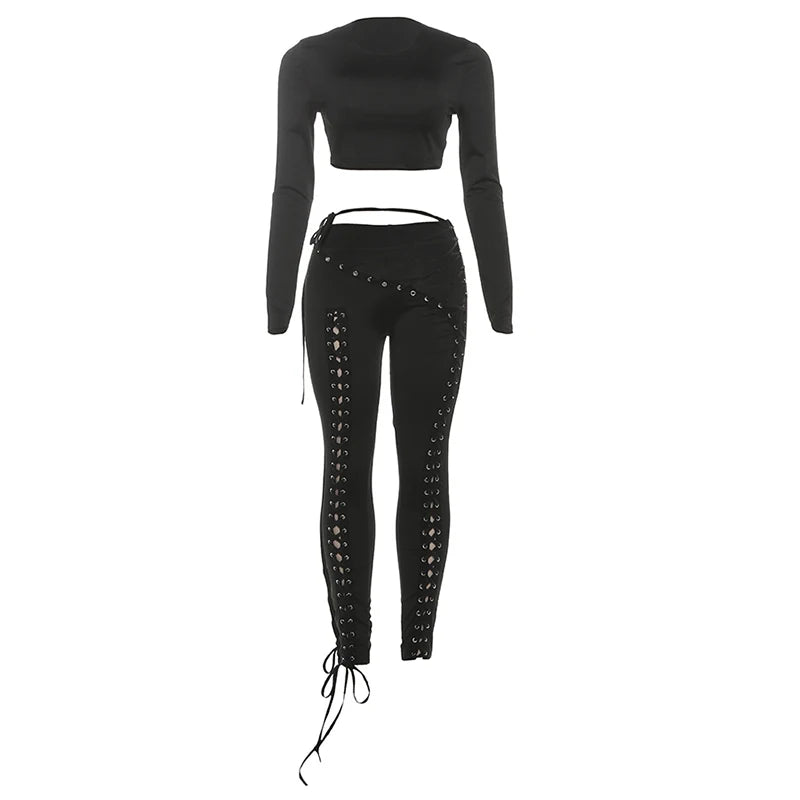 Weird Puss Sexy Women 2 Piece Set Casual Tracksuit Full Fall Crop Tops+Shirring Irregular Pants Stretch Streetwear Skinny Suits