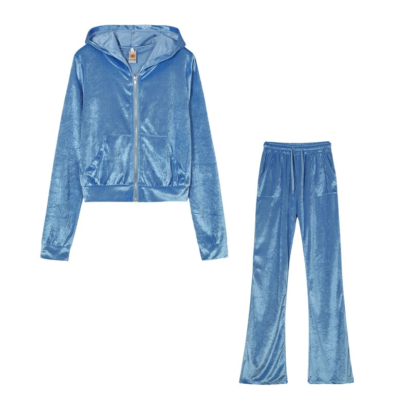 Fashion Trend Gold Velvet Pocket Hoodie Zipper Sweater Wide Leg Pants Two-piece Women's Suit
