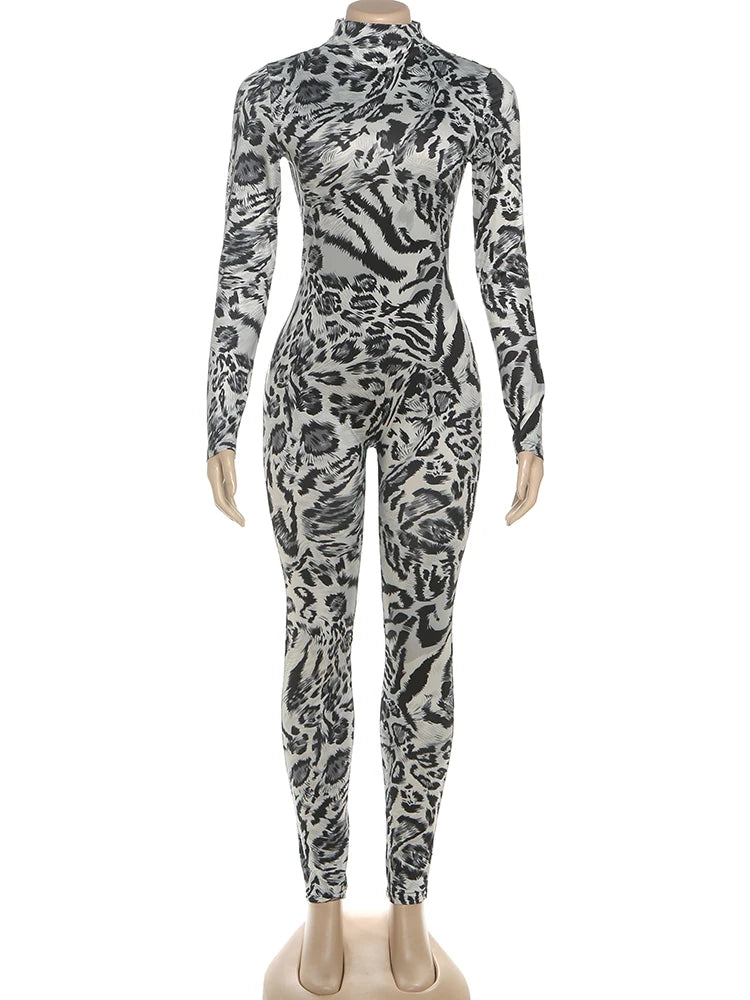 Nibber Peach Hip Leopard Print Jumpsuit Woman Autumn Trend Turtleneck Full Sleeve Skinny Hottie Midnight Sexy Fashion Overalls