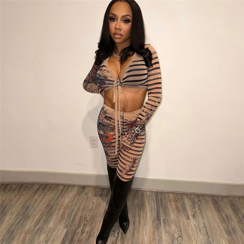 Women 2 Piece Stripped Print Mesh Cropped Shirts Tops Leggings Sets Lace Up Low-cut Top High Waist Pants Party Two Piece Outfits