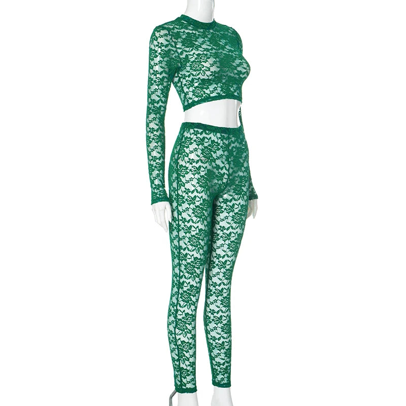 Weird Puss Sexy Jacquard 2 Piece Set Women See Through O-Neck Crop Tops+Leggings Skinny Stretch Matching Midnight Party Clubwear