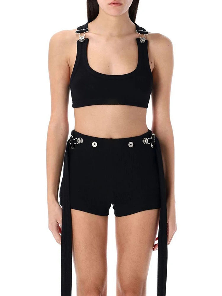 Weird Puss Metal Buckle Decoration 2 Piece Set Women Square Collar Tank Tops+Long Ribbon Shorts Hottie High Street Style Outfits