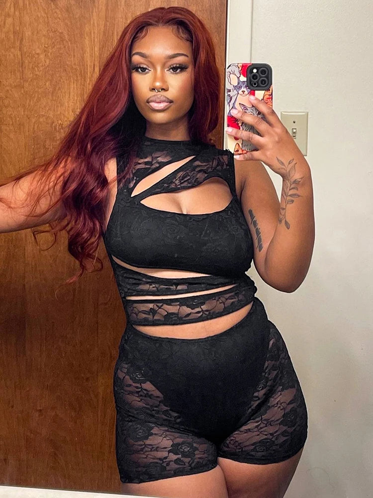 Weird Puss Sexy Hollow Playsuits Women Mesh Jacquard Patchwork Irregular Stretch Sleeveless Skinny Midnight Club Party Rompers