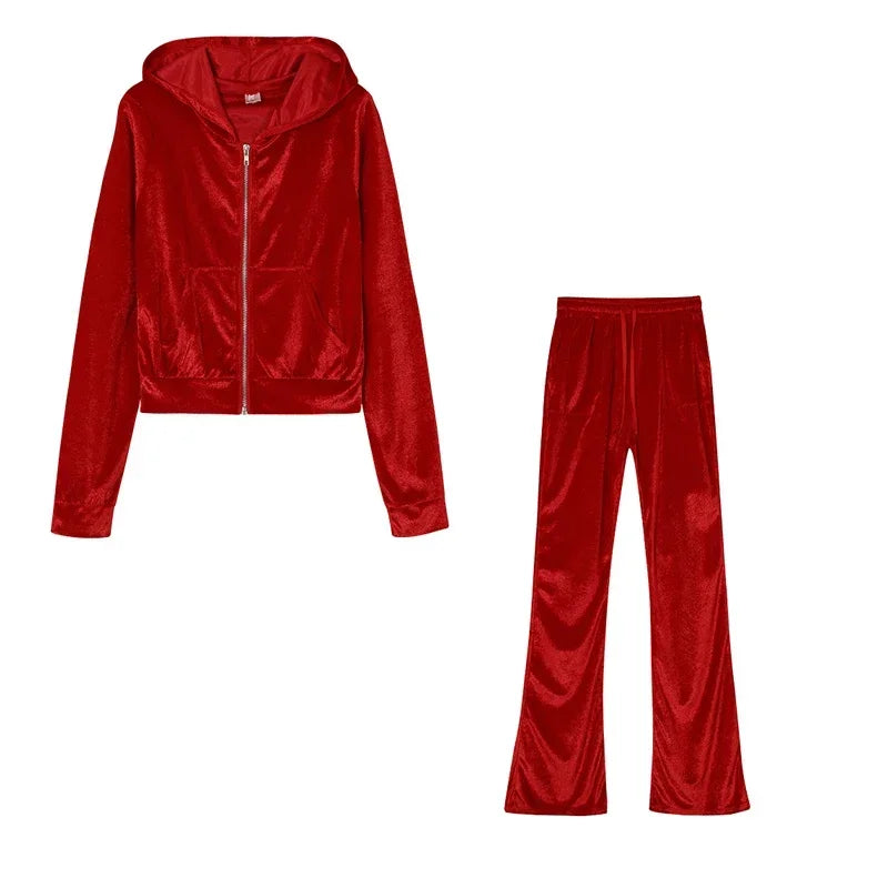 Fashion Trend Gold Velvet Pocket Hoodie Zipper Sweater Wide Leg Pants Two-piece Women's Suit