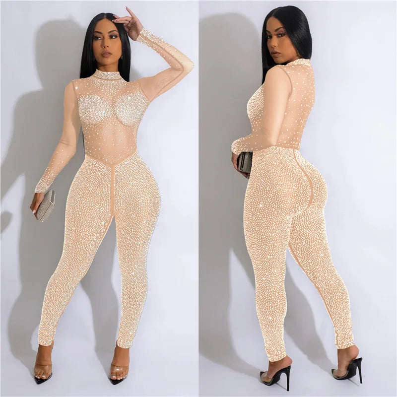 High Quality 2022 Long Sleeve Skinny Sexy Diamonds Jumpsuits Women High Neck Mesh See Through Black Club Party Jumpsuit Rompers