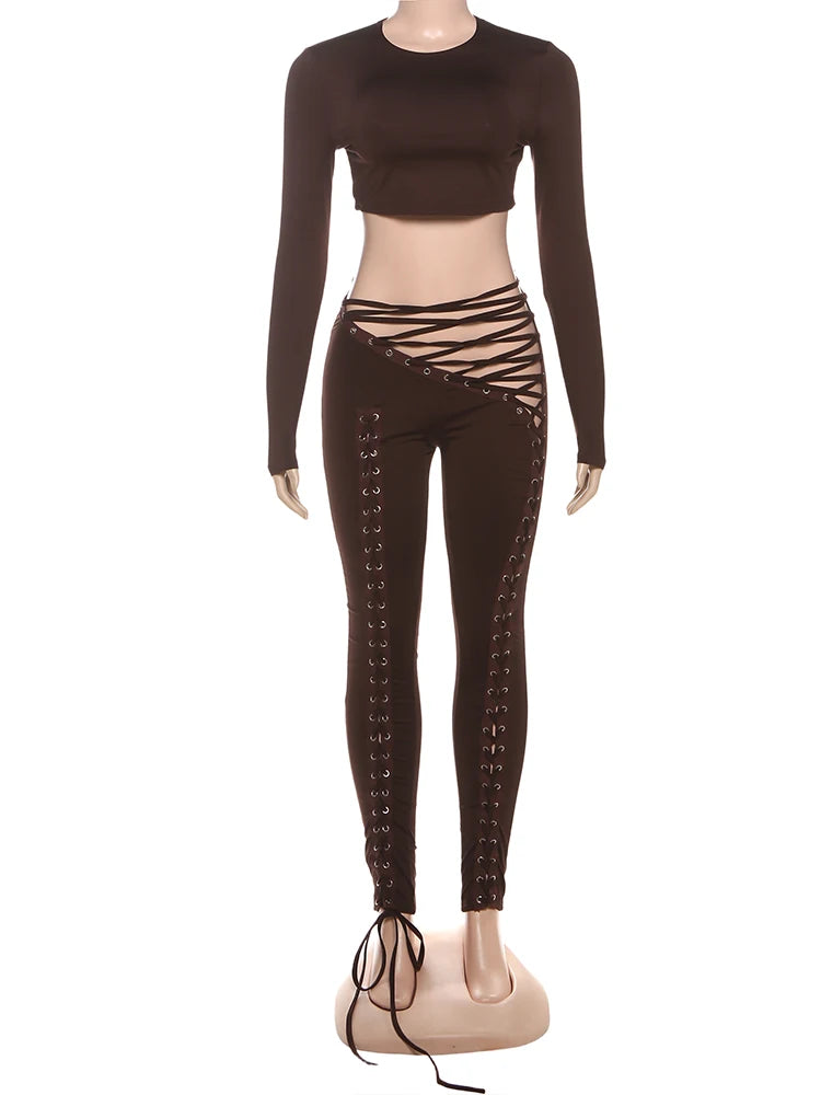 Weird Puss Sexy Women 2 Piece Set Casual Tracksuit Full Fall Crop Tops+Shirring Irregular Pants Stretch Streetwear Skinny Suits