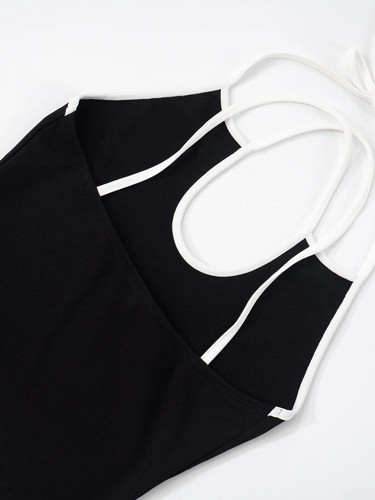 Weird Puss Casual Tracksuit 2 Piece Set Women Contrast Lace-Up Halter Backless Camisole+Stretch Pants Simple Fashion Outfits