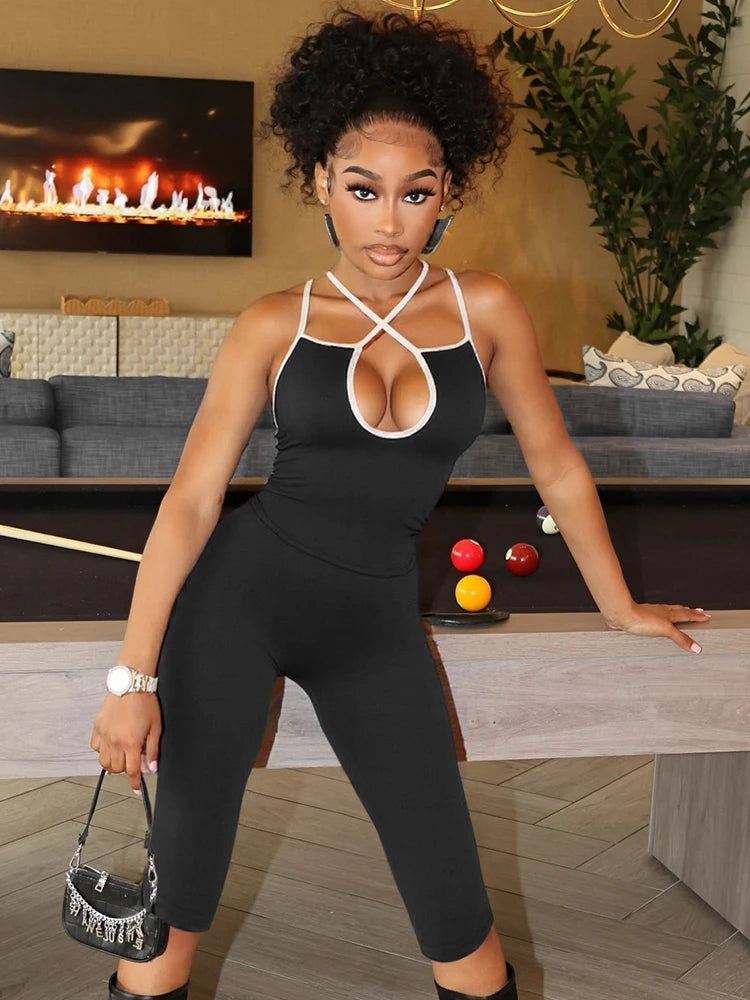 Weird Puss Casual Tracksuit 2 Piece Set Women Contrast Lace-Up Halter Backless Camisole+Stretch Pants Simple Fashion Outfits