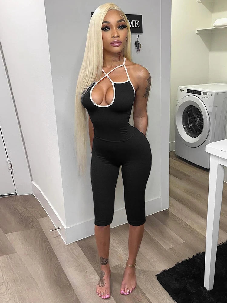 Weird Puss Casual Tracksuit 2 Piece Set Women Contrast Lace-Up Halter Backless Camisole+Stretch Pants Simple Fashion Outfits