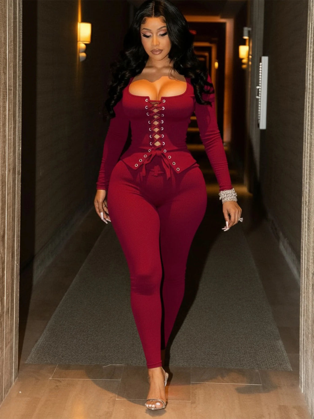 Weird Puss Hottie Tracksuits 2-Piece Set Women Shirring Square Collar Crop Top+Pants Matching Simple Sporty Stretch Slim Outfits