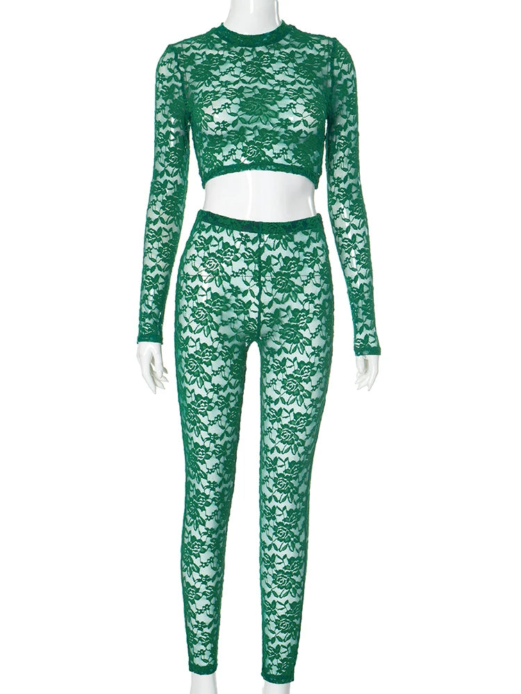 Weird Puss Sexy Jacquard 2 Piece Set Women See Through O-Neck Crop Tops+Leggings Skinny Stretch Matching Midnight Party Clubwear