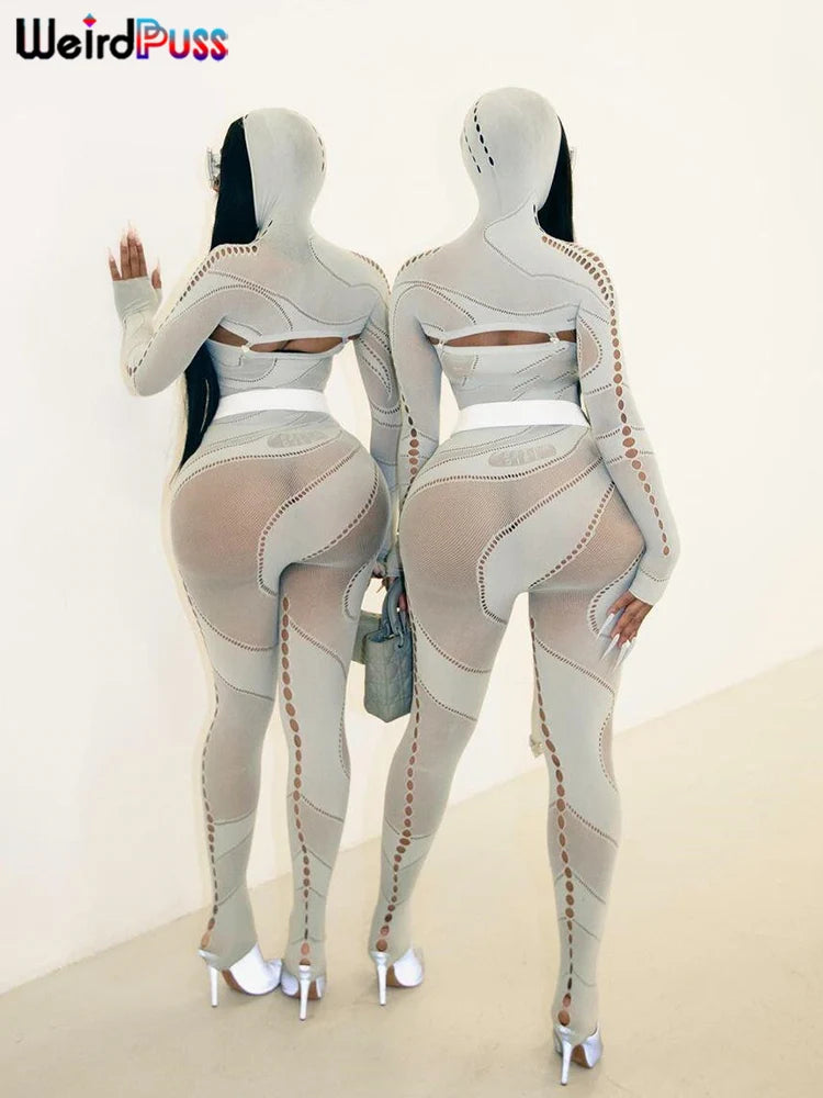 Weird Puss Hoodies See Through Fitness Jumpsuits Women Sexy Hipster Mesh Hollow Irregular Activity Stretch Workout Overalls