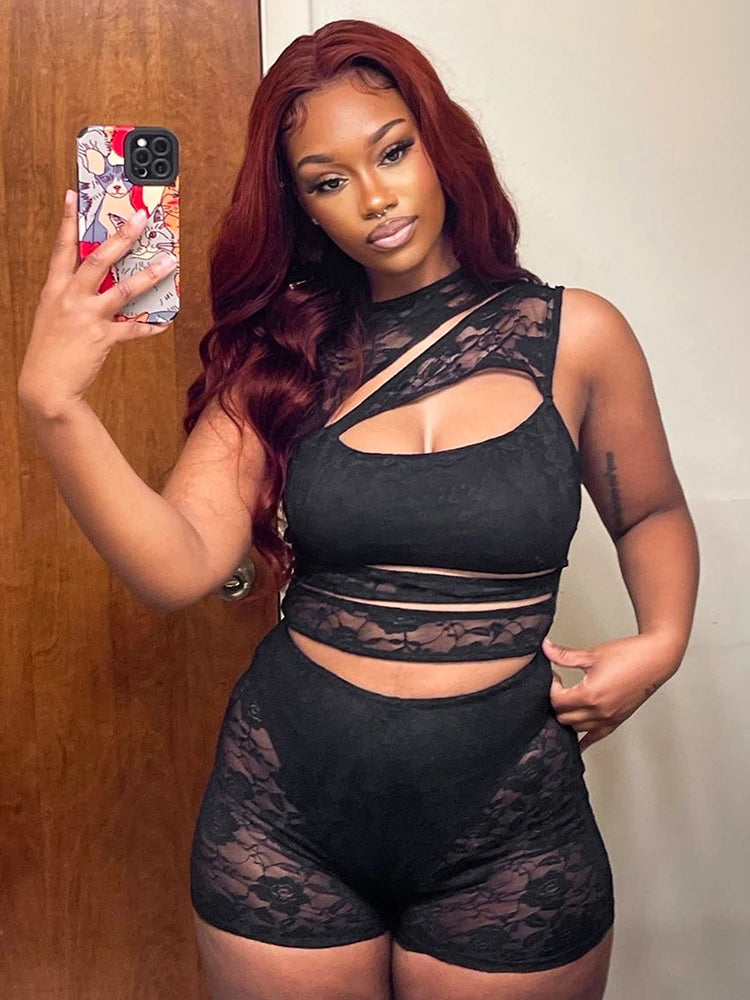 Weird Puss Sexy Hollow Playsuits Women Mesh Jacquard Patchwork Irregular Stretch Sleeveless Skinny Midnight Club Party Rompers