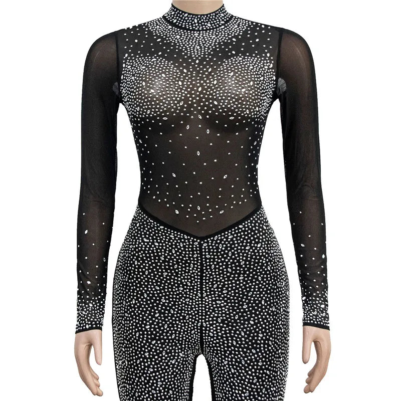 High Quality 2022 Long Sleeve Skinny Sexy Diamonds Jumpsuits Women High Neck Mesh See Through Black Club Party Jumpsuit Rompers
