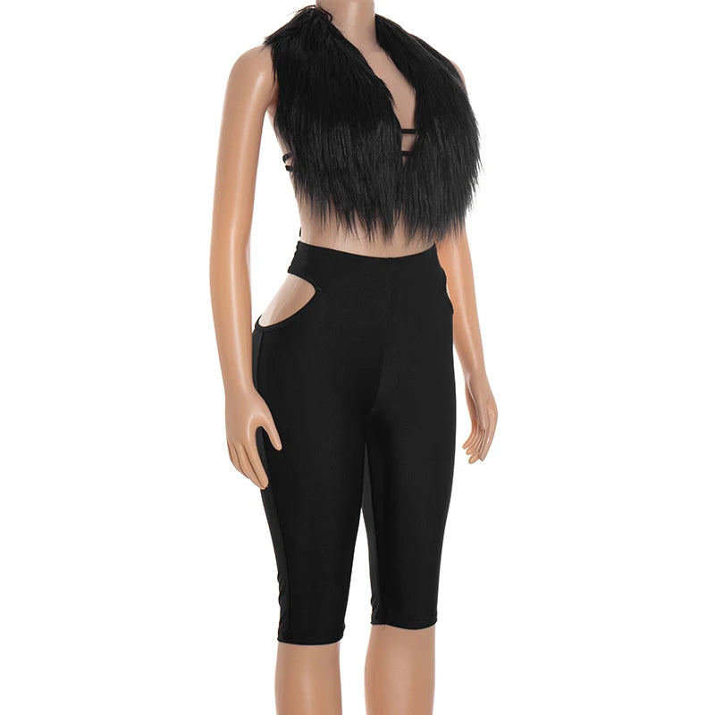 Weird Puss Furry Sexy 2 Piece Set Women Tracksuit Backless Tank Tops+High Waist Hollow Bike Shorts Nightclub Matching Outfits