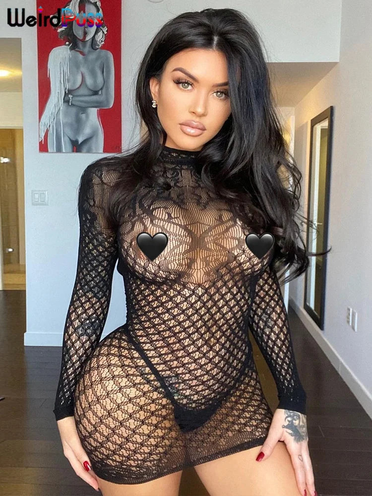 Weird Puss Sexy Women Dress See Through Long Sleeve Prom Coquette Backless Chic Pattern Mini Bodycon Midnight Party Clubwear