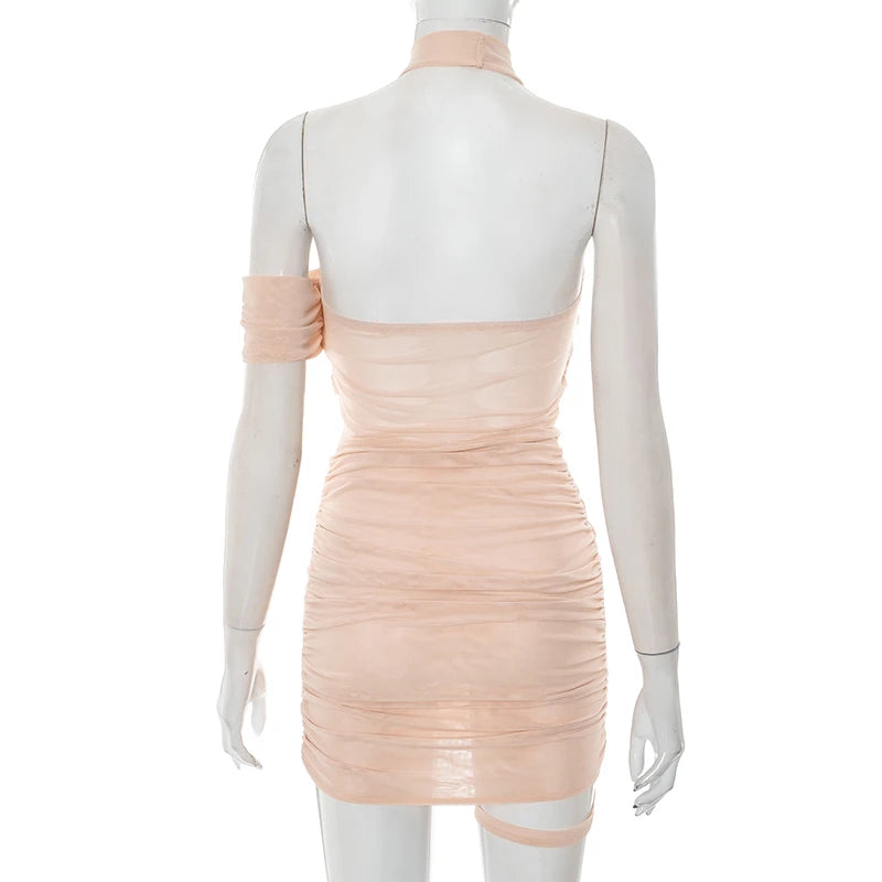 CUTENOVA Women'S Solid Color Mesh Patchwork Hanging Neck Backless Strapless Asymmetric Shrinking Pleated Package Hip Short Dress