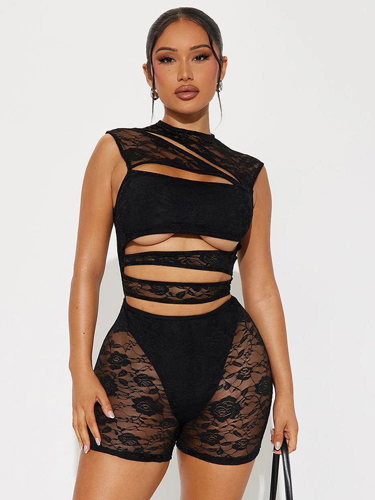 Weird Puss Sexy Hollow Playsuits Women Mesh Jacquard Patchwork Irregular Stretch Sleeveless Skinny Midnight Club Party Rompers