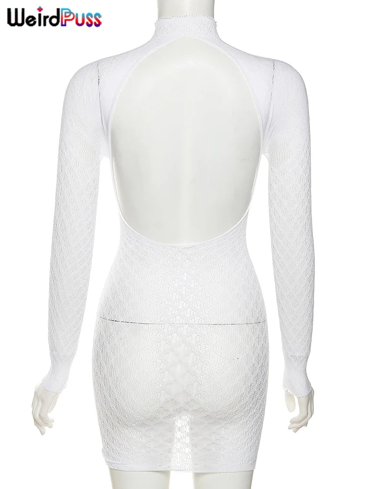 Weird Puss Sexy Women Dress See Through Long Sleeve Prom Coquette Backless Chic Pattern Mini Bodycon Midnight Party Clubwear