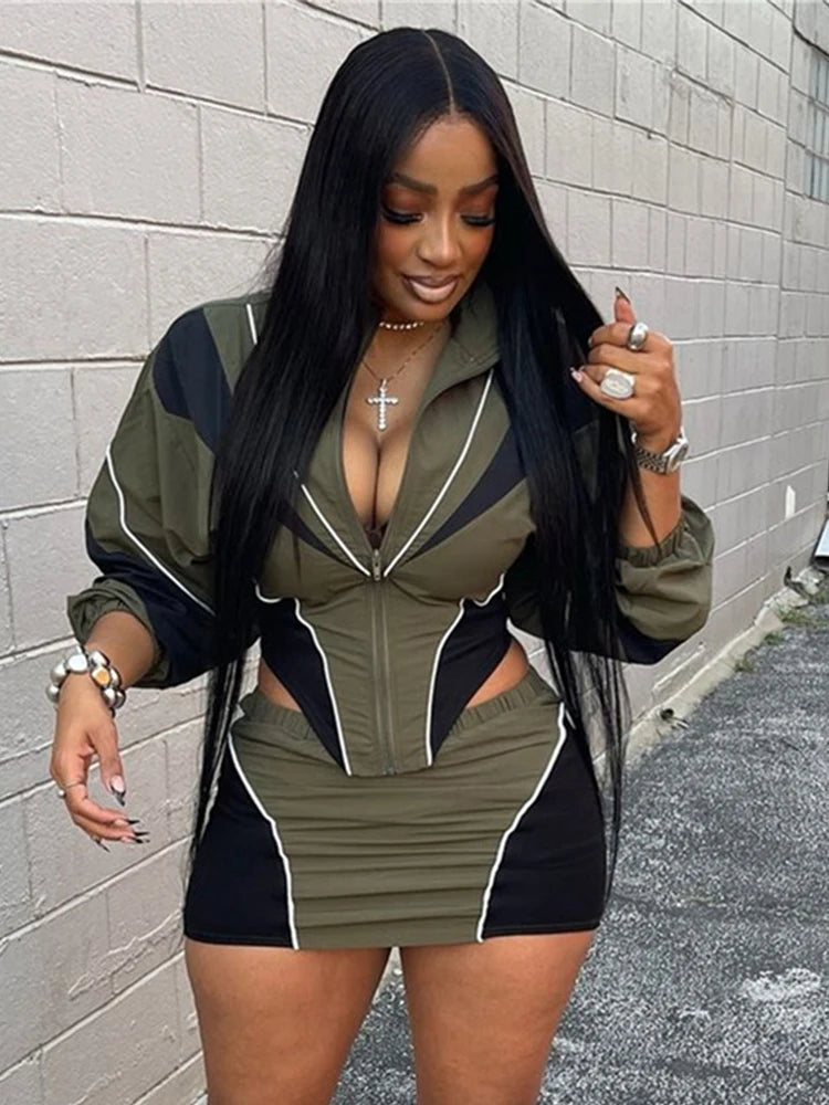 Weird Puss Contrast Patchwork 2 Piece Set Women Zipper Cardigan Irregular Hem Jacket+Skinny Mini Skirts Casual Sporty Tracksuits