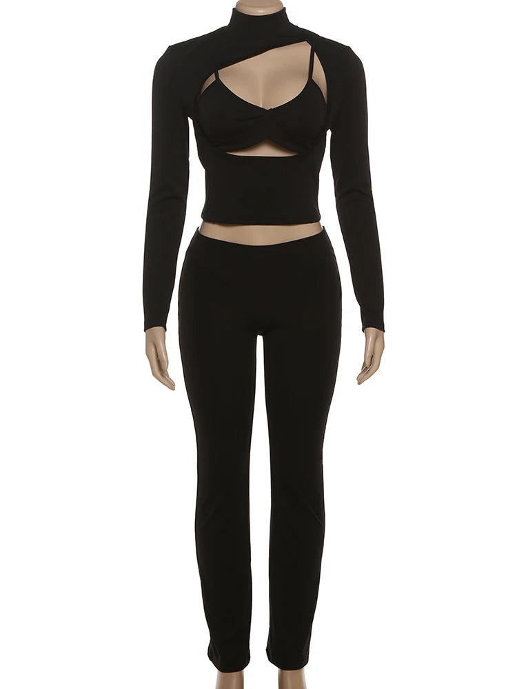 Weird Puss Sexy Hipster 3 Piece Set Woman Camisole+Turtleneck Hollow Full Sleeve Crop Tops+Pants Street Stretch Street Outfits