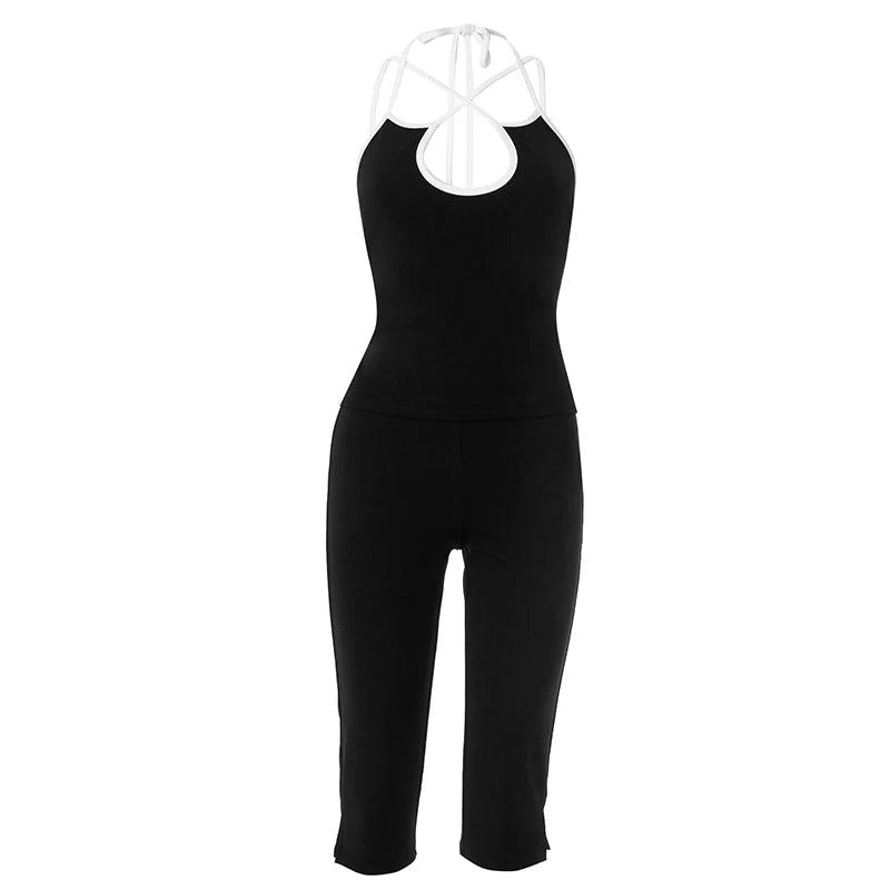 Weird Puss Casual Tracksuit 2 Piece Set Women Contrast Lace-Up Halter Backless Camisole+Stretch Pants Simple Fashion Outfits