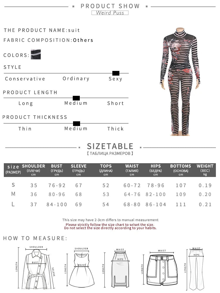 Weird Puss Aesthetic Print Sexy Women 2 Piece Set See Through Midnight Spring Turtleneck Crop Tops+Pants Stretch Skinny Clubwear