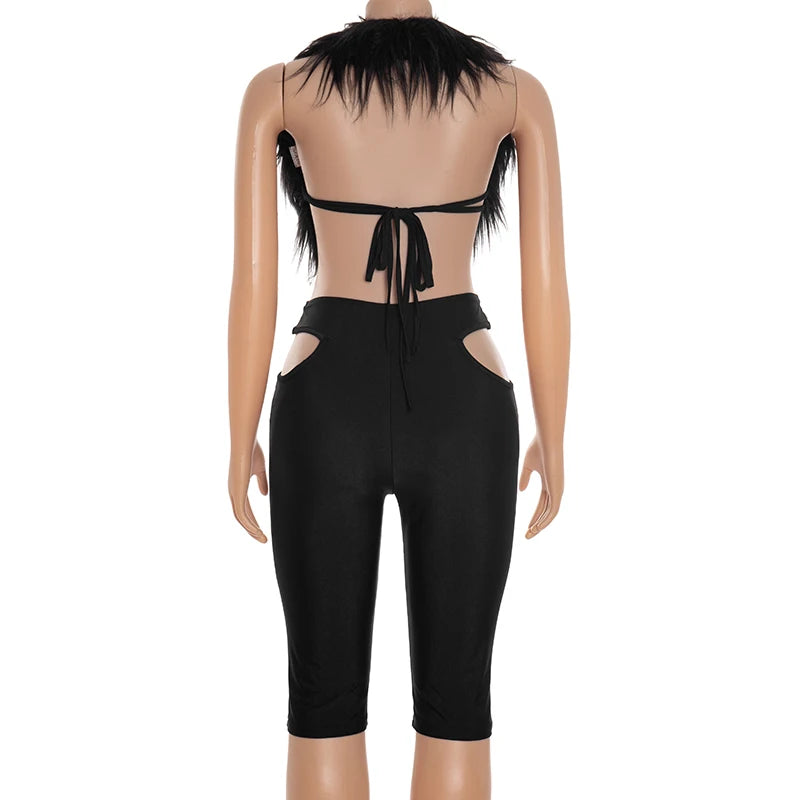 Weird Puss Furry Sexy 2 Piece Set Women Tracksuit Backless Tank Tops+High Waist Hollow Bike Shorts Nightclub Matching Outfits