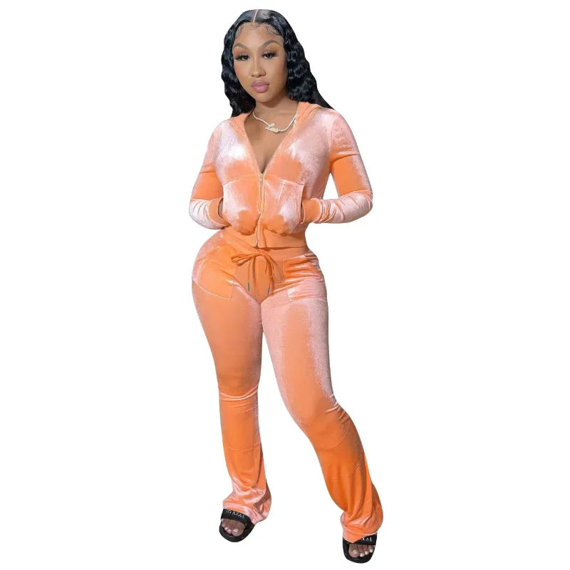 Fashion Trend Gold Velvet Pocket Hoodie Zipper Sweater Wide Leg Pants Two-piece Women's Suit