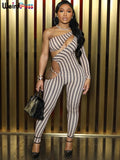 Weird Puss Sexy Hollow Jumpsuit Women Ruched Irregular Hipster Club Stripe Print Full Sleeve Midnight Activity Workout Overalls