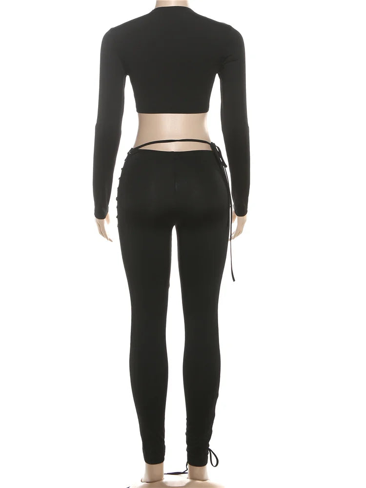 Weird Puss Sexy Women 2 Piece Set Casual Tracksuit Full Fall Crop Tops+Shirring Irregular Pants Stretch Streetwear Skinny Suits