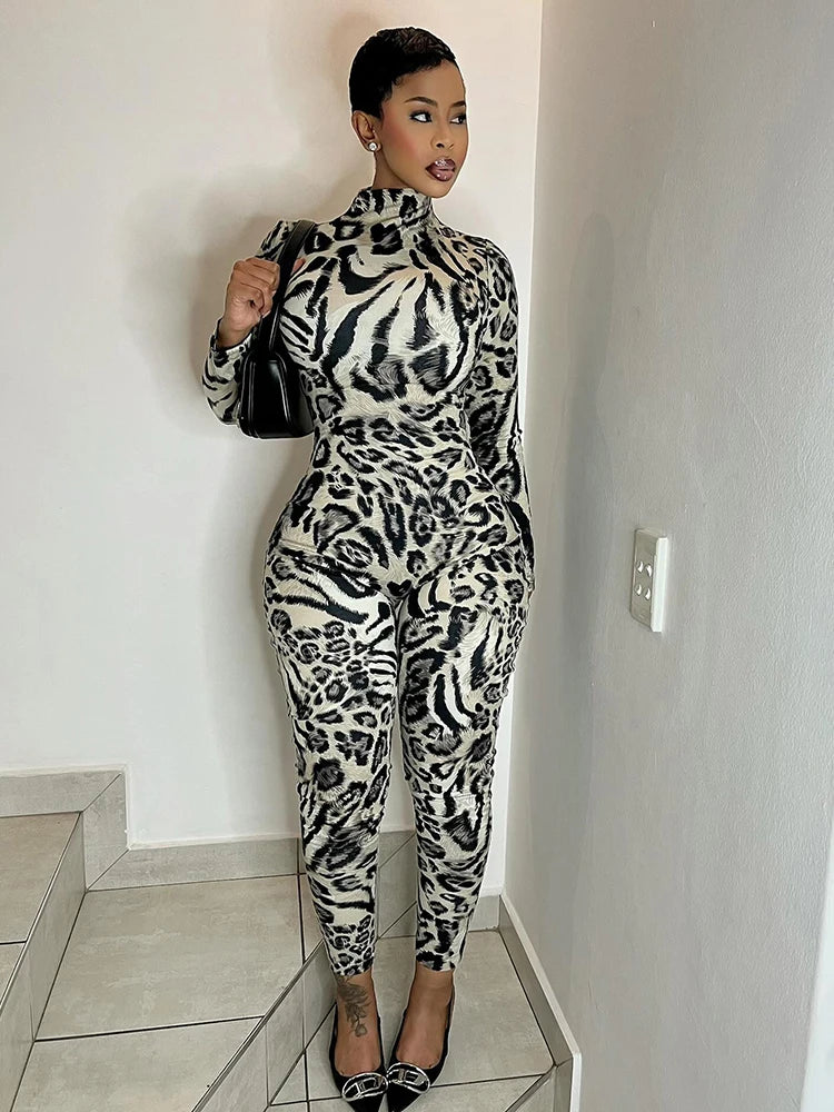 Nibber Peach Hip Leopard Print Jumpsuit Woman Autumn Trend Turtleneck Full Sleeve Skinny Hottie Midnight Sexy Fashion Overalls