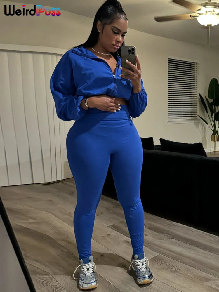Weird Puss 2024 Autumn Women 2 Piece Set Casual Tracksuit Zipper Thin Drawstring Jacket+Leggings Matching Streetwear Sporty Suit