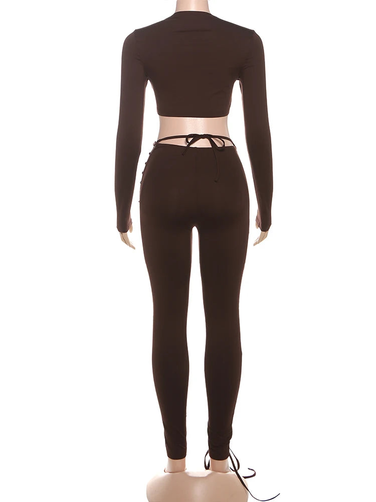 Weird Puss Sexy Women 2 Piece Set Casual Tracksuit Full Fall Crop Tops+Shirring Irregular Pants Stretch Streetwear Skinny Suits