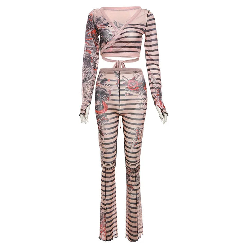 Women 2 Piece Stripped Print Mesh Cropped Shirts Tops Leggings Sets Lace Up Low-cut Top High Waist Pants Party Two Piece Outfits