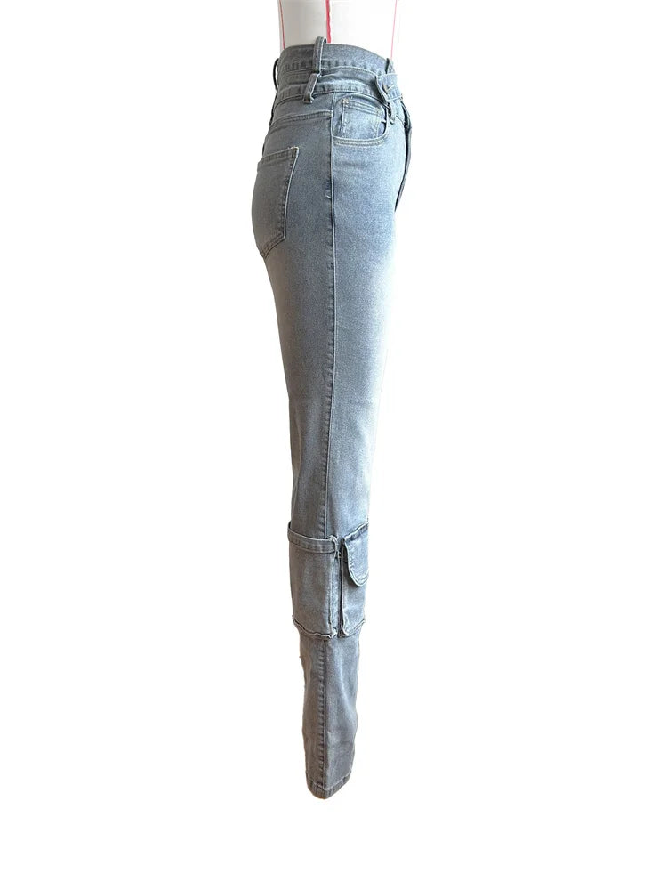 Weird Puss Distressed Irregular Jeans Women Button Zipper Waist Multiple Pockets Autumn Trend Skinny Stretch Streetwear Bottoms