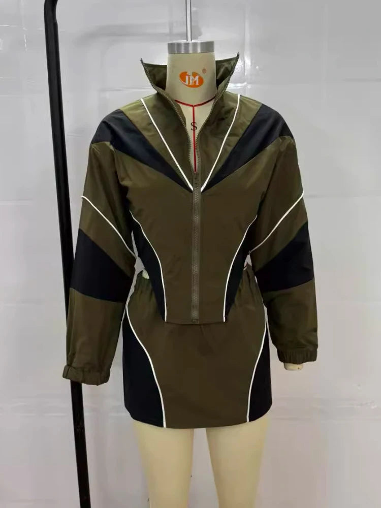 Weird Puss Contrast Patchwork 2 Piece Set Women Zipper Cardigan Irregular Hem Jacket+Skinny Mini Skirts Casual Sporty Tracksuits