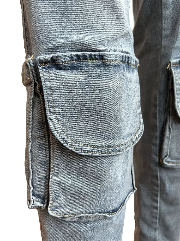 Weird Puss Distressed Irregular Jeans Women Button Zipper Waist Multiple Pockets Autumn Trend Skinny Stretch Streetwear Bottoms